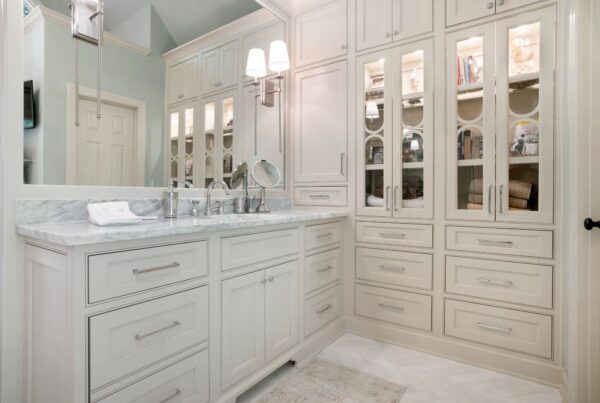 Newly renovated master bath with custom full height linen cabinets.